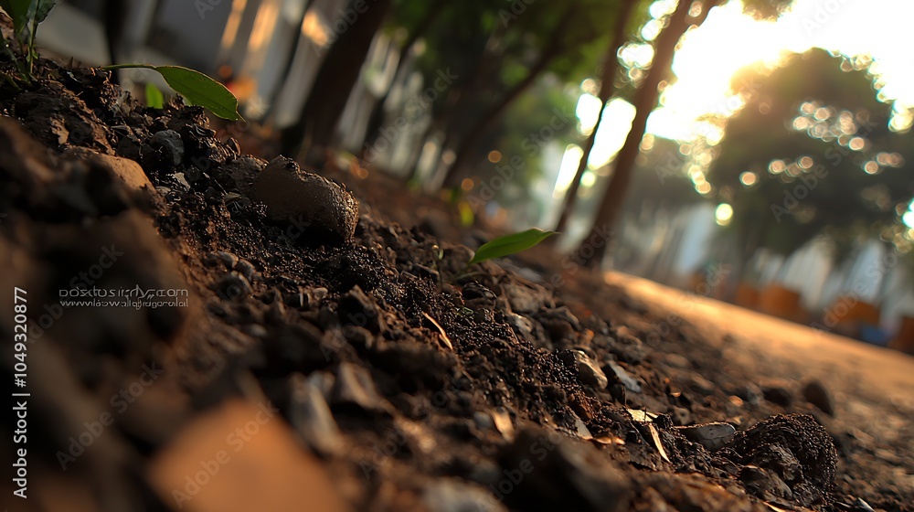 Closeup of soil and small plants on a forest path during sunrise with glowing sunlight : Generative AI Closeup of soil and small plants on a forest path during sunrise with glowing sunlight : Generative AI