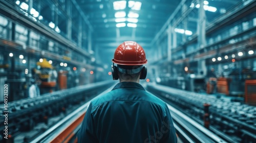 Wallpaper Mural A worker in a hard hat stands in an industrial facility, observing the assembly line. Torontodigital.ca