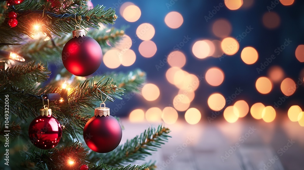 Festive Christmas Tree with Red Ornaments and Sparkling Bokeh for Joyous Holiday Celebrations : Generative AI Festive Christmas Tree with Red Ornaments and Sparkling Bokeh for Joyous Holiday Celebrations : Generative AI