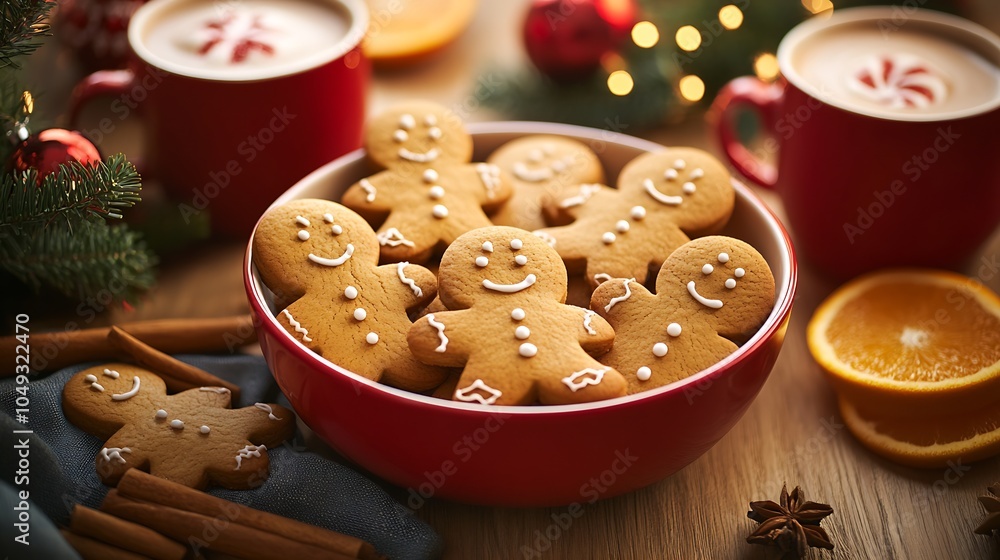 Fototapeta premium Festive Holiday Gingerbread Men Cookies in Red Bowl with Warm Beverages : Generative AI