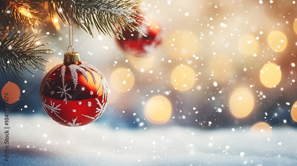 Elegant Red Christmas Ornament on Frosted Pine Tree with Snowflakes : Generative AI Elegant Red Christmas Ornament on Frosted Pine Tree with Snowflakes : Generative AI
