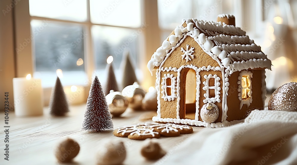 Warm Gingerbread House with Icing Decorations Surrounded by Rustic Candles and Nuts : Generative AI Warm Gingerbread House with Icing Decorations Surrounded by Rustic Candles and Nuts : Generative AI