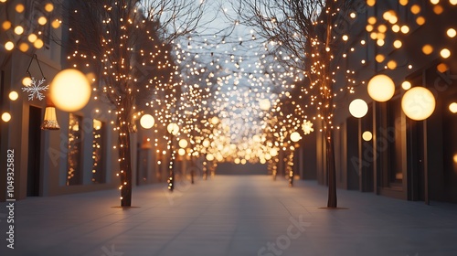 Magical Pathway Illuminated by Glowing Winter Holiday Lights on Urban Street : Generative AI