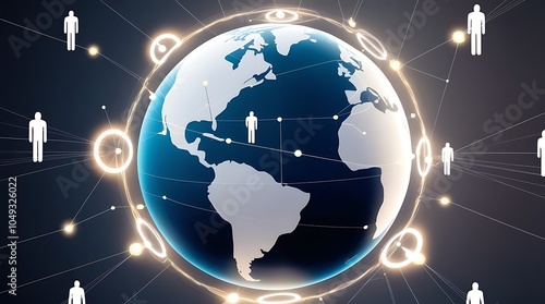 There is a large group of silhouette black people icon connected to a sphere, detailed photo of virtual world, networking 