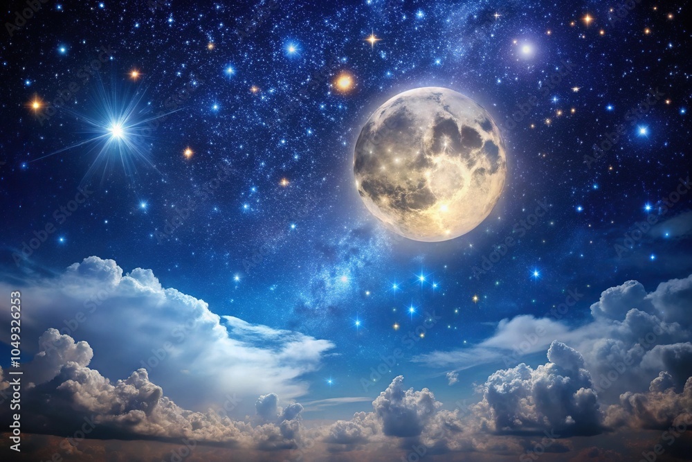 A starry night sky with a full moon shining brightly in the background, dark night, cosmos, constellations A starry night sky with a full moon shining brightly in the background, dark night, cosmos, constellations