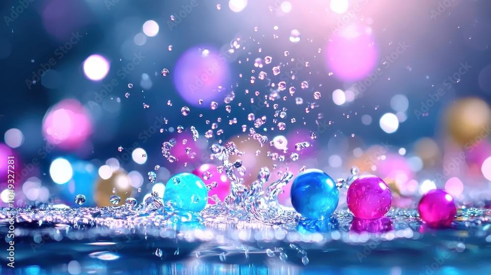 Dazzling water splash with colorful spheres an artistic exploration of playful elements in liquid dynamics Dazzling water splash with colorful spheres an artistic exploration of playful elements in liquid dynamics