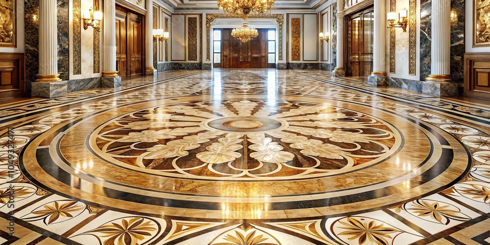 Marble floor with intricate carvings and ornate details in gold and bronze, luxurious ambiance, gold accents, details, stone flooring