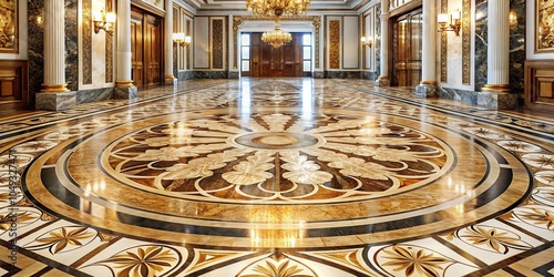 Obraz na płótnie Marble floor with intricate carvings and ornate details in gold and bronze, luxurious ambiance, gold accents, details, stone flooring w salonie