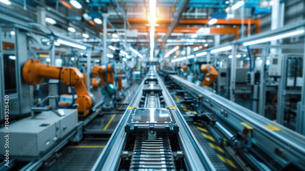 Fototapeta premium Automated Manufacturing Line with Robotic Arms and Conveyor Belt