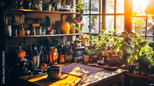 Vintage Sunlit Kitchen with Rustic Decor and Indoor Plants Creating a Warm Cozy Ambiance : Generative AI