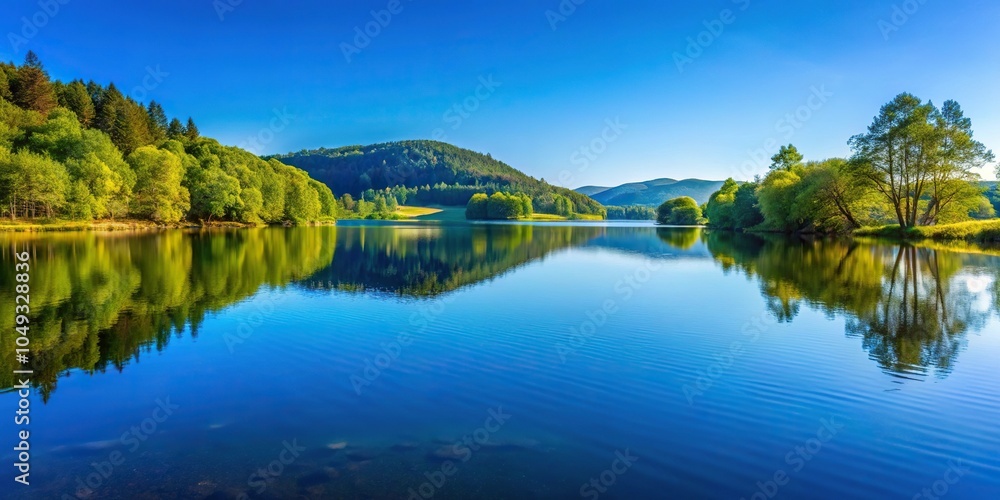 Obraz premium A tranquil lake scene with a light blue sky reflecting the surrounding trees and hills, forest, tree reflections, lakeside, woods
