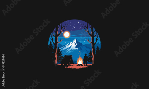 Night camping scene with a mountain view and campfire.