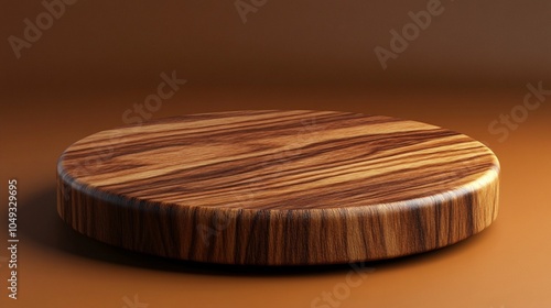 Elegant circular wooden platform showcases rich grain patterns and warm tones, perfect for product display or as a standalone piece of minimalist decor. photo