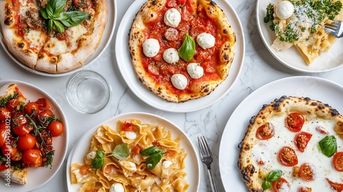 Italian Cuisine Array with Various Pizzas Pasta and Tomato Dishes on Stone Tabletop : Generative AI photo