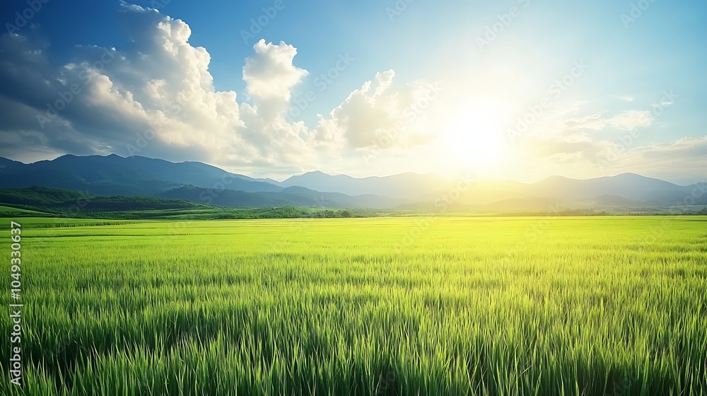 Expansive Green Grass Field Under Majestic Blue Sky and Sunlit Clouds : Generative AI Expansive Green Grass Field Under Majestic Blue Sky and Sunlit Clouds : Generative AI