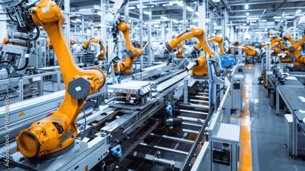 Industrial Robotic Arms Operating on a Conveyor Belt in a Factory Setting Industrial Robotic Arms Operating on a Conveyor Belt in a Factory Setting
