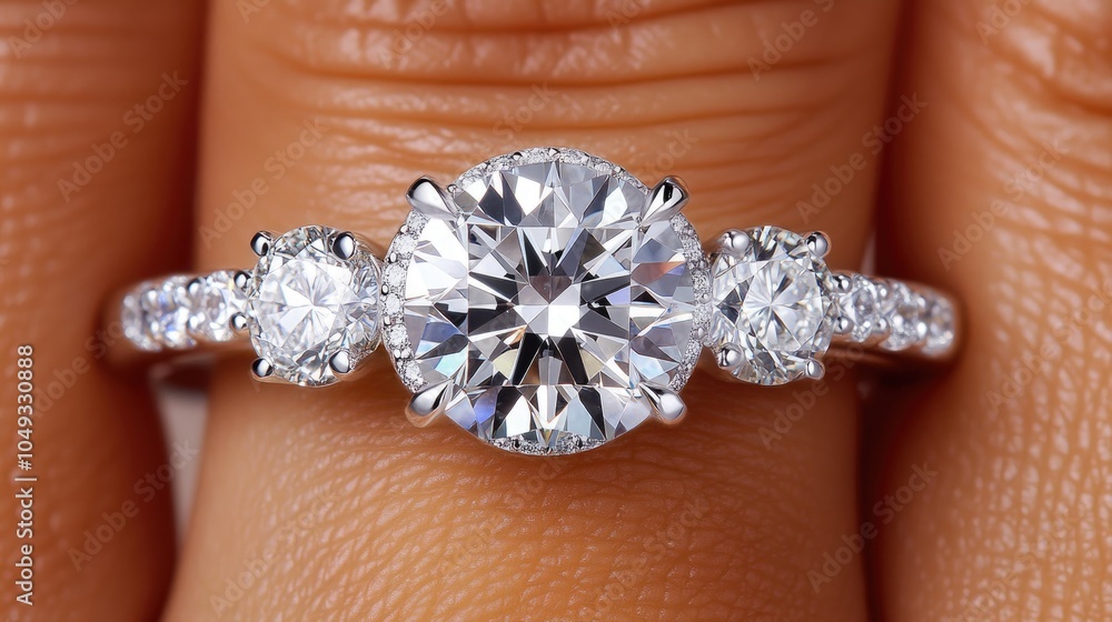 Elegant Three-Stone Diamond Ring on Hand