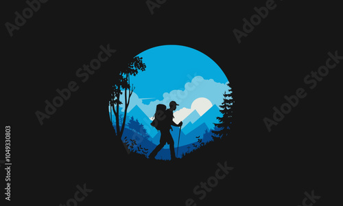 Silhouette of hiker with sunrise over mountain landscape.