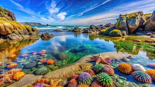 Beachy rock formations and tide pools with colorful marine life, sea creatures, tide pools, colorful fish, beach scenery
