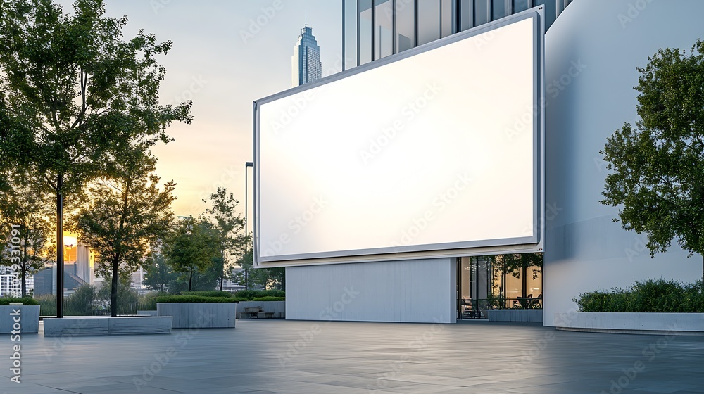 Large Empty Billboard on Modern Building Exterior at Sunrise : Generative AI Large Empty Billboard on Modern Building Exterior at Sunrise : Generative AI