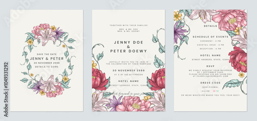 Wedding invitation suite template featuring intricate botanical illustrations of various flowers and foliage, arranged in a romantic and elegant style on a brown background