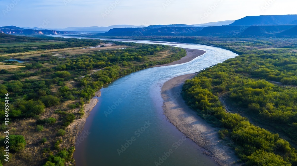 Aerial view of winding river through expansive landscape with green plains and mountains : Generative AI Aerial view of winding river through expansive landscape with green plains and mountains : Generative AI