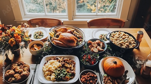 Traditional Thanksgiving Feast with Turkey and Seasonal Sides in Cozy Dining Room : Generative AI photo