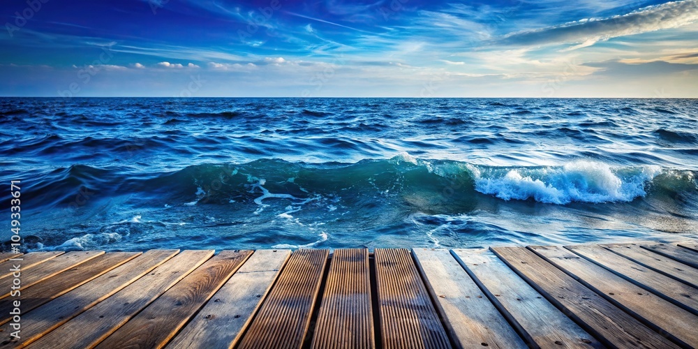 Fototapeta premium Navy blue ocean waves gently lapping against a weathered wooden dock, rope, sailing, blue, tide