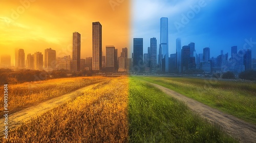 DualColored Field with Urban Skyline in Orange and Blue Light : Generative AI photo