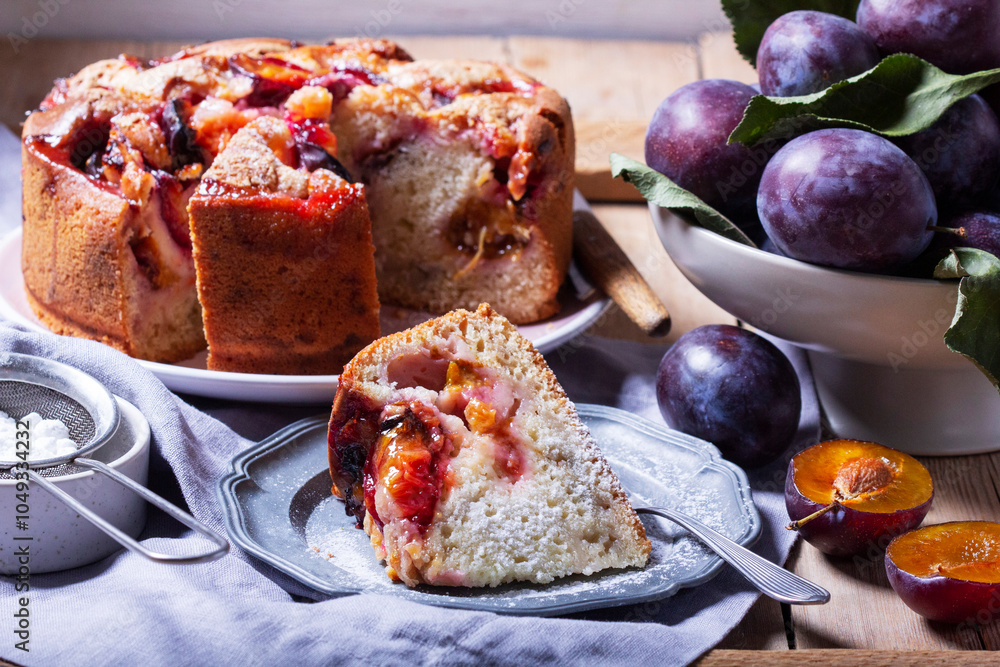 Plum pie with filling and sugar crust, sprinkled with powdered sugar and plums on a wooden table.