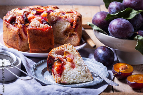 Plum pie with filling and sugar crust, sprinkled with powdered sugar and plums on a wooden table.