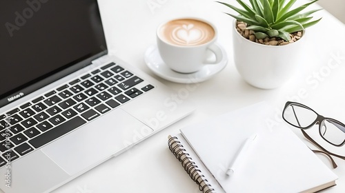 Modern Workspace with Laptop Coffee Notebook and Plant on White Office Desk : Generative AI