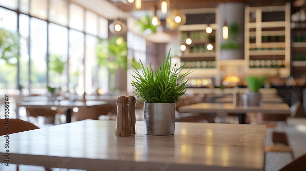 Modern Restaurant with Minimalist Design Features and Greenery Offering a Fresh Dining Experience : Generative AI Modern Restaurant with Minimalist Design Features and Greenery Offering a Fresh Dining Experience : Generative AI