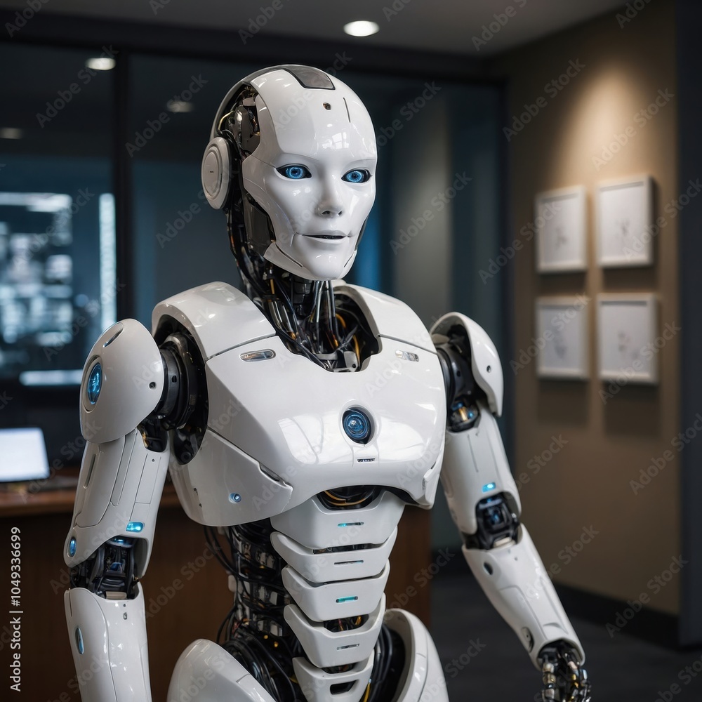 A humanoid robot with AI technology stands in an office, symbolizing future workforce integration, intelligent automation, and cutting-edge innovation A humanoid robot with AI technology stands in an office, symbolizing future workforce integration, intelligent automation, and cutting-edge innovation