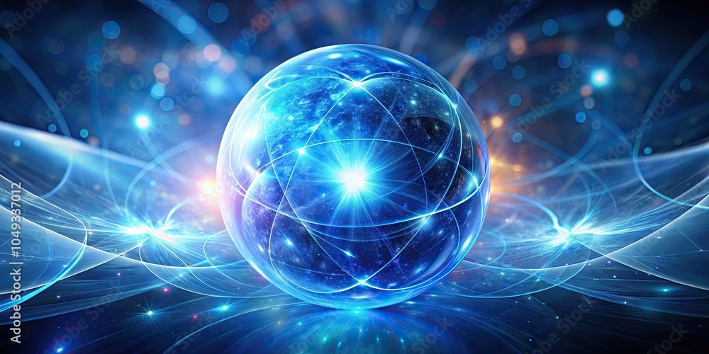 Obraz premium Abstract glowing blue sphere with cosmic elements and energy molecules, energy, magic, molecule, atoms, particles, dots, cosmic