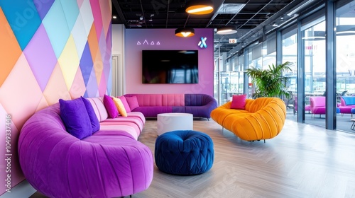 Vibrant and modern lounge space designed for relaxation and collaboration with colorful seating and bright wall art