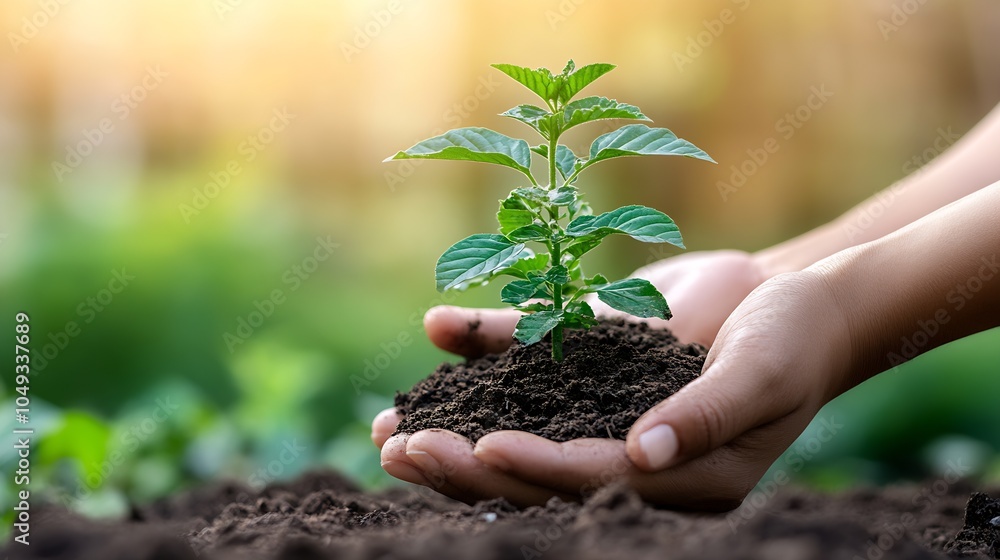 Young Plant Growing in Hands Representing Environmental Sustainability : Generative AI Young Plant Growing in Hands Representing Environmental Sustainability : Generative AI