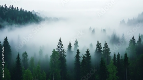 Enchanted Misty Forest with Dense Pine and Spruce Trees Aerial Shot : Generative AI