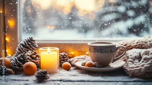 Serene Teatime by the Frosty Window with Candlefire and Rustic Decor : Generative AI photo