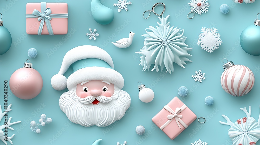 Festive Christmas Scene with Santa and Ornaments in Soft Pastel Colors on Light Blue Background : Generative AI