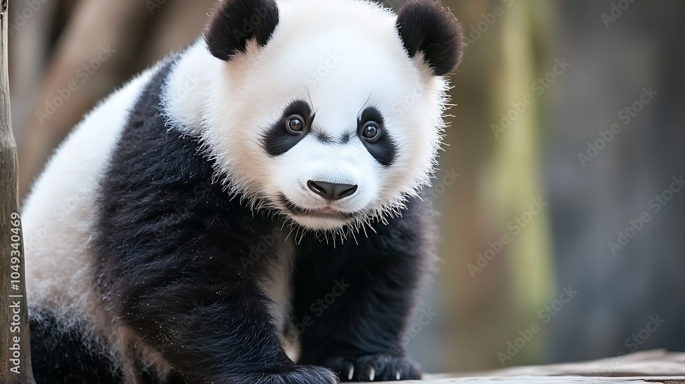 Fototapeta premium Adorable Giant Panda Cub Standing and Looking Curious in Natural Habitat : Generative AI