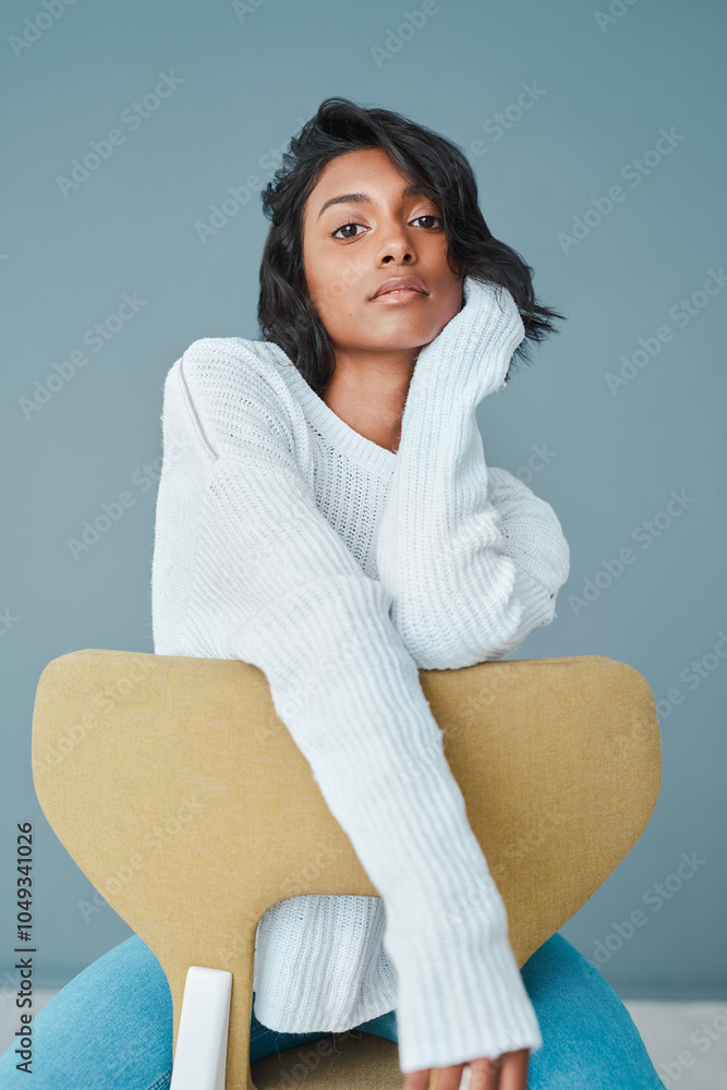 Φωτογραφία Relax, student and fashion with portrait of woman in studio for casual, trendy and calm