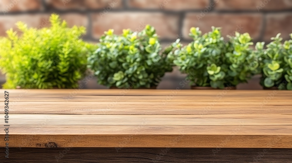 Rustic Wooden Table Against a Brick Wall with Lush Green Plants : Generative AI Rustic Wooden Table Against a Brick Wall with Lush Green Plants : Generative AI
