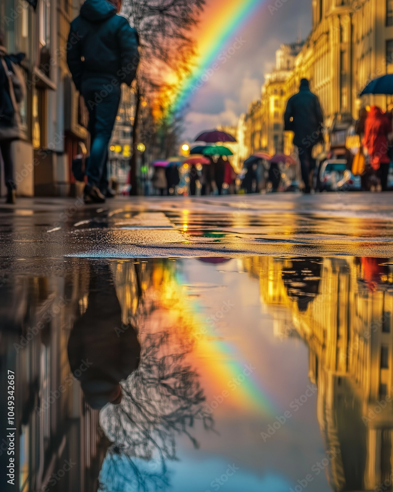 Obraz premium City_street_after_rain_with_a_rainbow