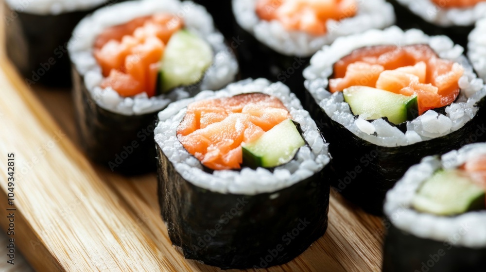 Fresh Sushi Platter with Cucumber on Wooden Board Fresh Sushi Platter with Cucumber on Wooden Board