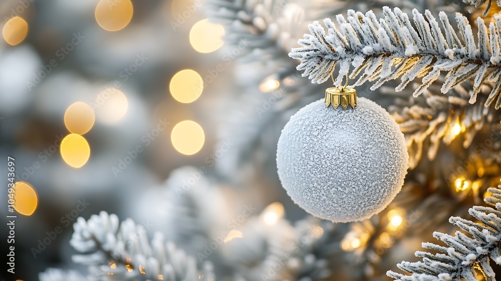 Beautiful White Christmas Ornament on Frosted Evergreen with Glowing Holiday Bokeh : Generative AI Beautiful White Christmas Ornament on Frosted Evergreen with Glowing Holiday Bokeh : Generative AI