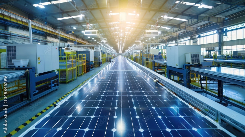 Obraz premium Solar Panel Manufacturing Line in a Modern Factory