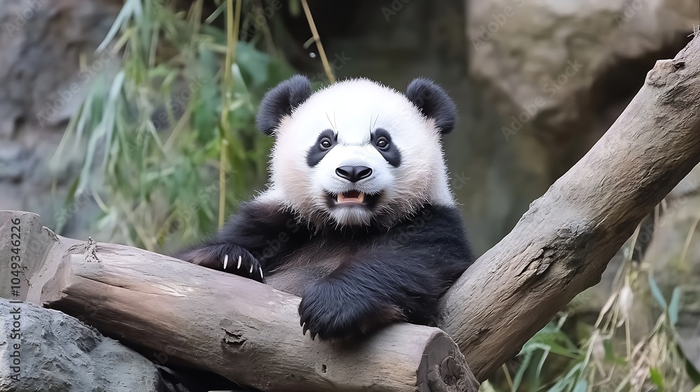 Obraz premium Panda Relaxing on Tree Branch in Natural Habitat with Calm Expression : Generative AI