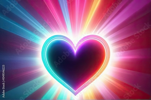 A glowing heart surrounded by radiating light in vibrant hues of pink, blue, and yellow