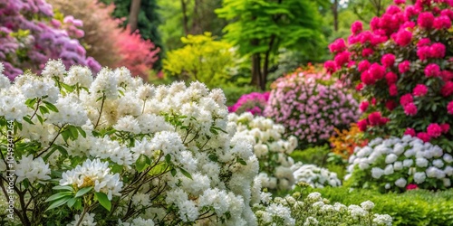 lush garden scene with white deutzia gracilis and colorful rhododendron in full spring bloom